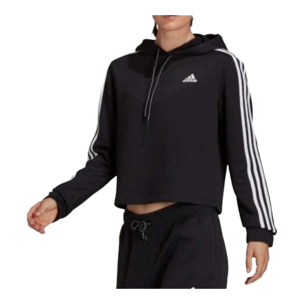 Adidas Womens Cropped Hoodie Size Large Sweatshirt Fleece Loose‎ Fit Black White
